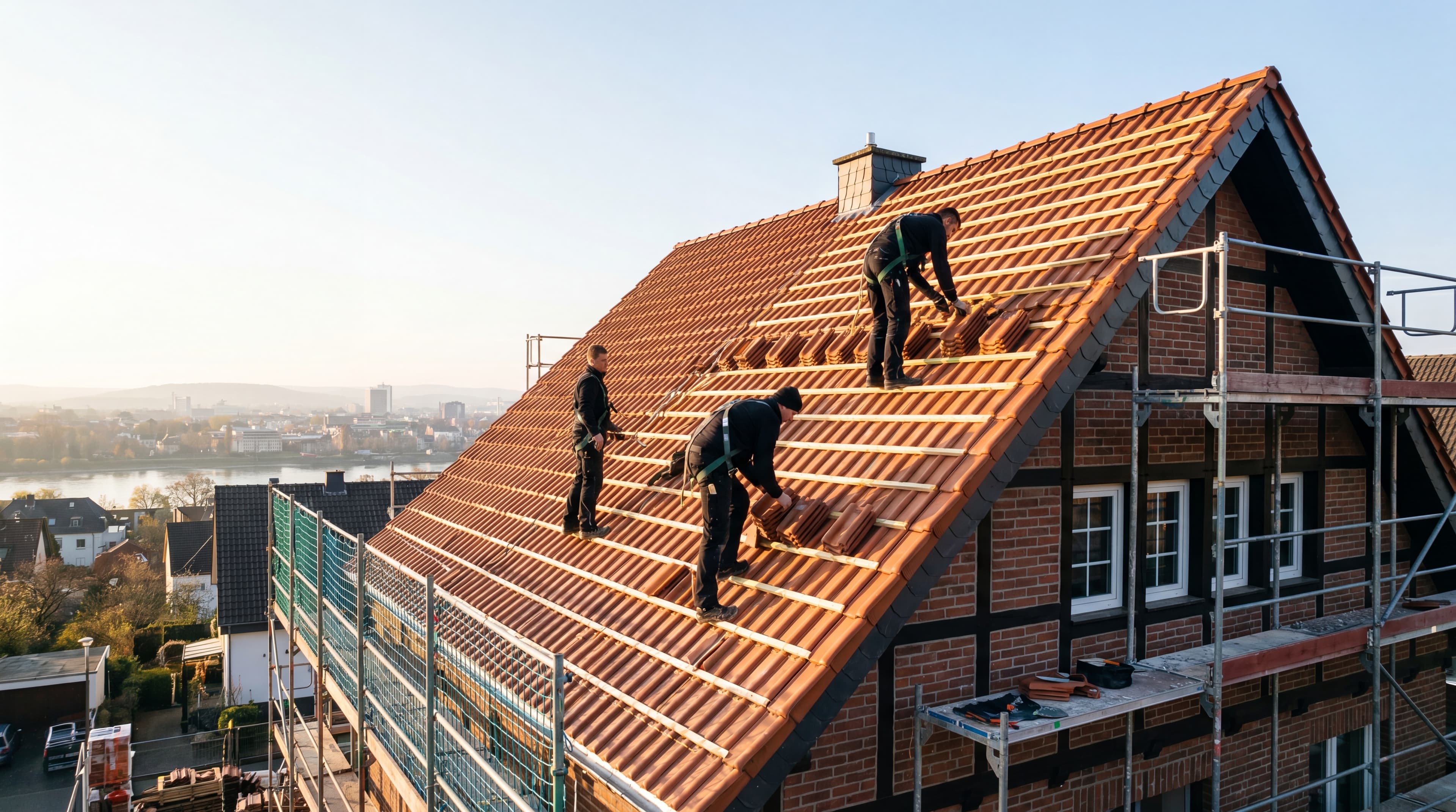 Dachdecker des Höhenwerk-Teams bei der Arbeit auf einem neu eingedeckten Steildach